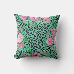 Elegant Mint Leopard Print en Floral Design Kussen