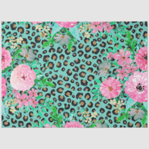 Elegant Mint Leopard Print en Floral Design Tissuepapier