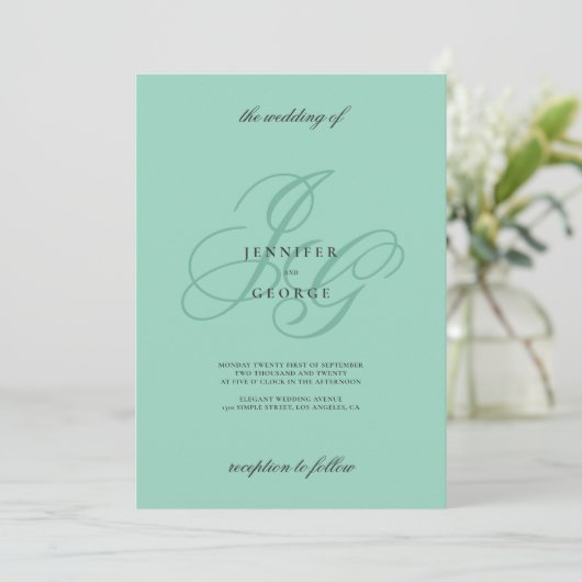 Elegant mint monogram initials romantic wedding kaart (Staand voorkant)