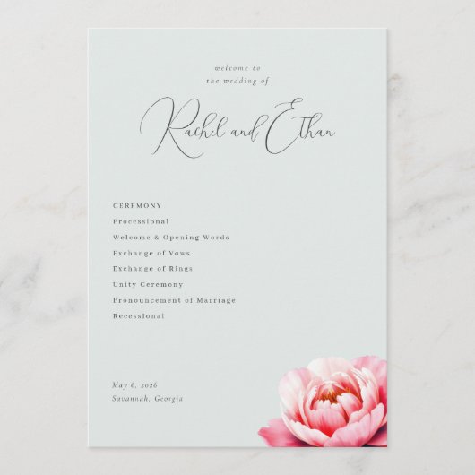 Elegant Mint Peony Wedding Programma (Voorkant)