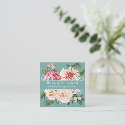 Elegant Mint Pink Floral Botanicals Swirls Vierkante Visitekaartje (Staand voorkant)