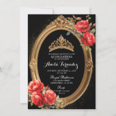 Elégant Mis Quince Black and Red Rose Invitation (Devant)