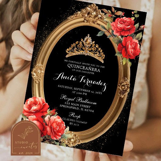 Elégant Mis Quince Black and Red Rose Invitation