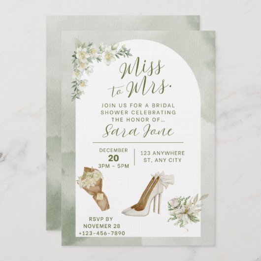 Elegant Miss to Mrs Bridal Shower Invitation Kaart (Voorkant / Achterkant)