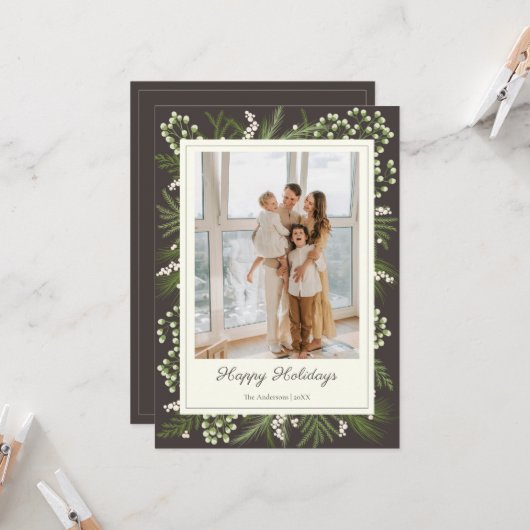 Elegant Mocha Botanical | Mocha Holiday Greeting Kaart (Voorkant / Achterkant in situ)