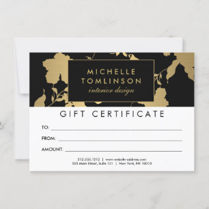 Elégant modèle or floral noir certificat cadeau ca