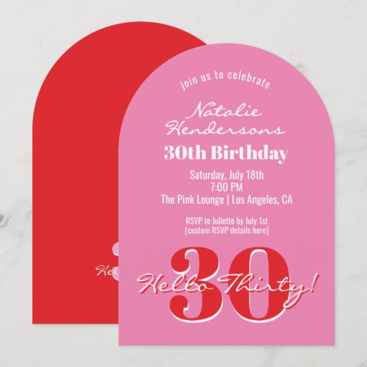 Elegant Modern 30th Birthday Pink Red Typography Kaart (Voorkant / Achterkant)