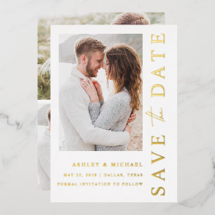 Elegant Modern 4 Foto Wedding Save the Date Gold Folie Uitnodiging
