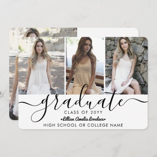 Elegant Modern 4 Photo Collage Script Afstuderen Aankondiging (Voorkant / Achterkant)