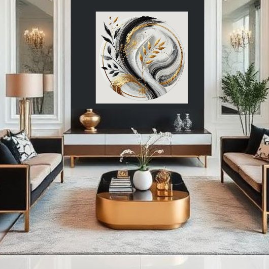 Elegant Modern Abstract-Zwart Wit en Goud- Canvas Afdruk