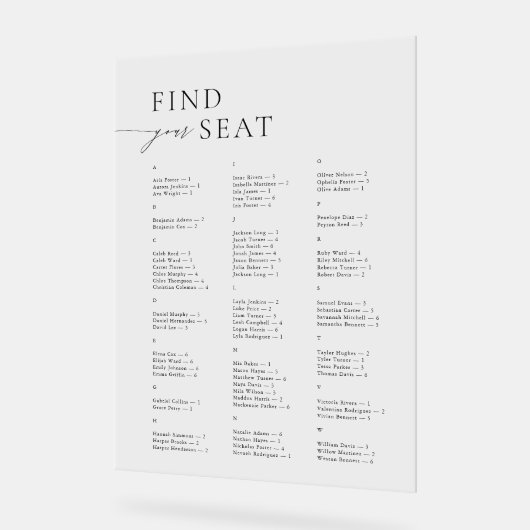 Elegant Modern Alphabetical Find Your Seat Wedding Acryl Bord (Hoek)