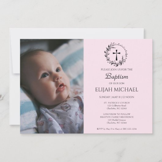 Elegant Modern Baby Roze Doopuitnodiging Kaart (Voorkant)