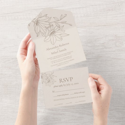 Elegant Modern Beige Lineart Bloemenbruiloft All In One Uitnodiging (Afscheurbaar)