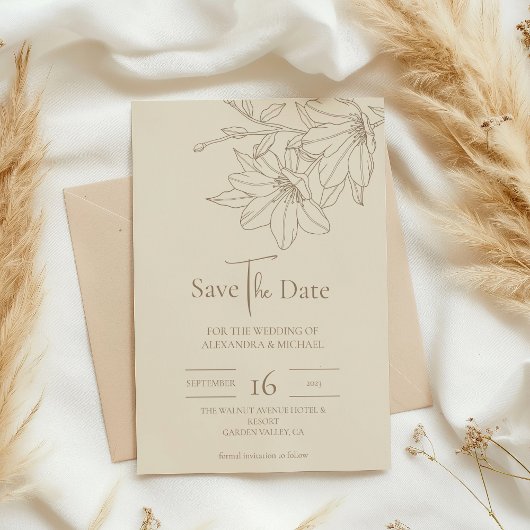 Elegant Modern Beige Lineart Bloemenbruiloft Save The Date