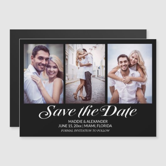 Elegant Modern Black 3 Photo Wedding Save the Date Magnetische Uitnodiging (Voorkant / Achterkant)