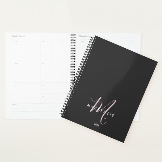 Elegant Modern Black Blush Pink Script Monogram Planner (Display)