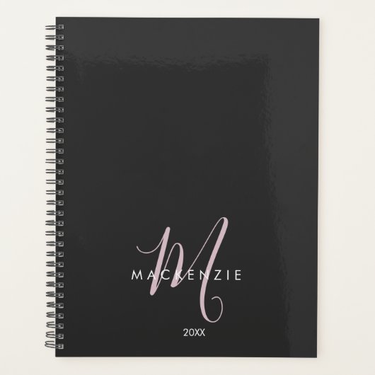 Elegant Modern Black Blush Pink Script Monogram Planner (Voorkant)