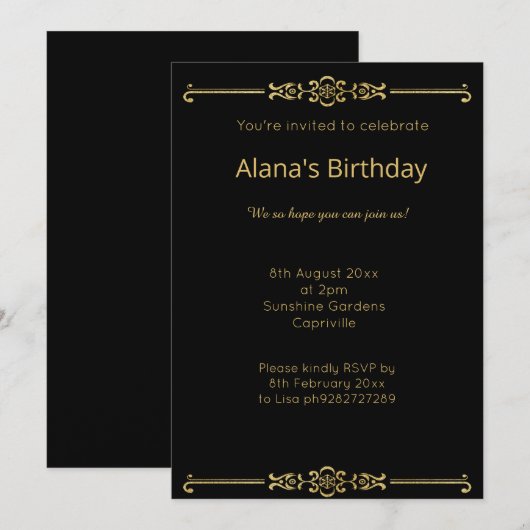 ELEGANT MODERN BLACK GOLD GRENS KAART (Voorkant / Achterkant)