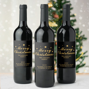 Elegant Modern Black Gold Merry kerst Wijn Etiket