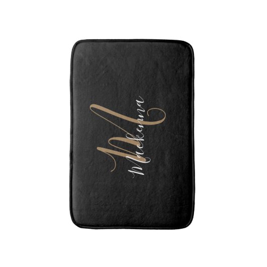 Elegant Modern Black Gold Monogram Script Name Badmat (Voorkant Verticaal)
