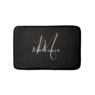 Elegant Modern Black Gold Monogram Script Name Badmat
