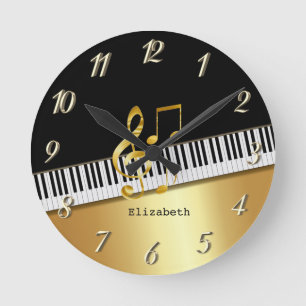 Elegant Modern Black Gold Muzieknoten, Piano Keys  Ronde Klok