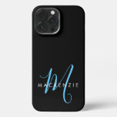 Elegant modern Black Sky Blue Script Monogram iPhone Hoesje (Achterkant)