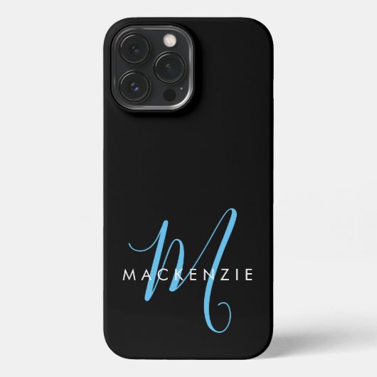 Elegant modern Black Sky Blue Script Monogram iPhone Hoesje (Achterkant)