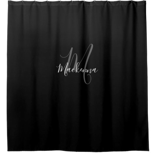 Elegant Modern Black White Monogram Script Name Douchegordijn (Voorkant)