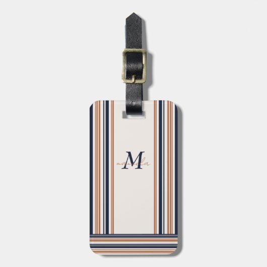 Elegant Modern Blauw Goud Wit Strepen Monogram Bagagelabel (Voorkant verticaal)