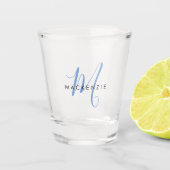 Elegant modern blauw Script-monogram Shot Glas (Voorkant)