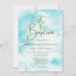 Elegant modern blauw Waterverf gouden kruis doop Kaart