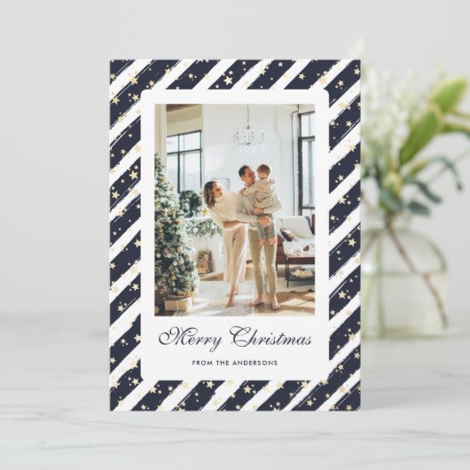 Elegant Modern Blauw Wit Foto Vrolijk Kerstfeest Feestdagenkaart (Staand voorkant)
