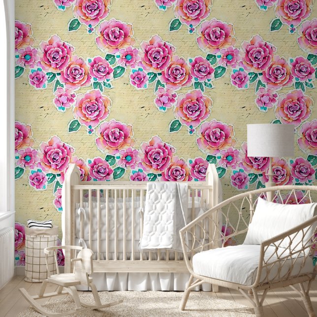 Elegant modern  bloemig roze Beige artwork Behang (Kinderen)