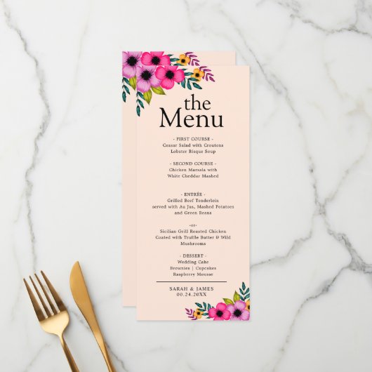 Elegant modern Blush Roze Floral Rustial Dinner Menu (Voorkant / Achterkant in situ)