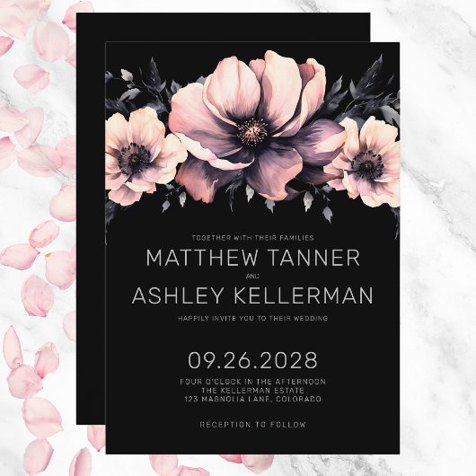 Elegant Modern Blush Roze Zwart Bloemen Bruiloft Kaart
