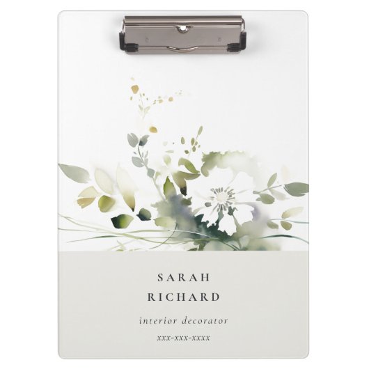 Elegant Modern Boho Abstract Groen Wit Bloemen Klembord (Voorkant)