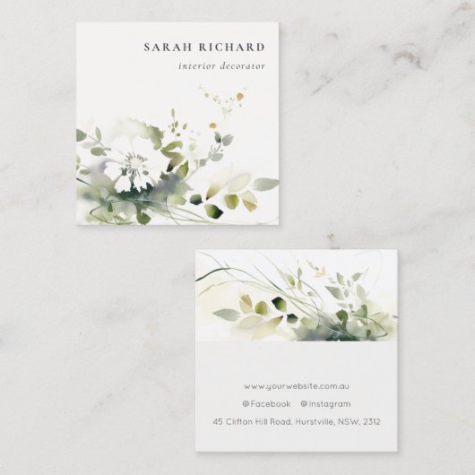Elegant Modern Boho Abstract Groen Wit Bloemen Vierkante Visitekaartje (Voorkant / Achterkant)