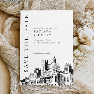 Elegant Modern Boston Sketch Bruiloft Save the Dat Kaart