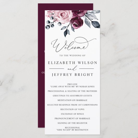 Elegant Modern Botanical Burgundy Floral Wedding Programma (Voorkant / Achterkant)