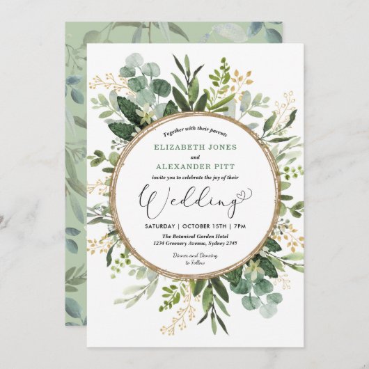Elegant Modern Botanical Greenery Wedding Kaart (Voorkant / Achterkant)