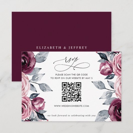 Elegant Modern Burgundy Floral QR CODE RSVP Kaartje (Voorkant / Achterkant)
