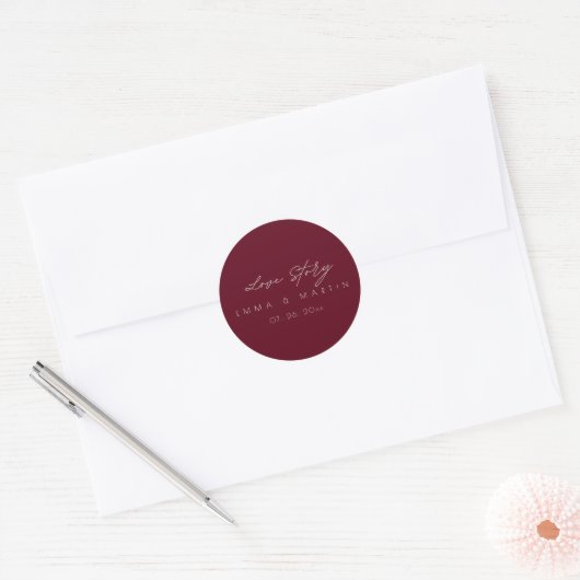 Elegant & modern Burgundy Script  Wedding Ronde Sticker (Envelop)