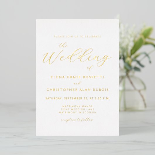 Elegant Modern Calligrafie Gold White Folie Uitnodiging (Staand Voorkant)
