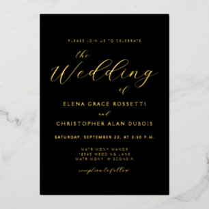 Elegant Modern Calligraphy Black Gold Wedding Folie Uitnodiging
