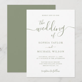 Elegant Modern Calligraphy Sage Green Wedding Kaart