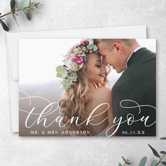 Elegant Modern Calligraphy Wedding Photo Bedankkaart