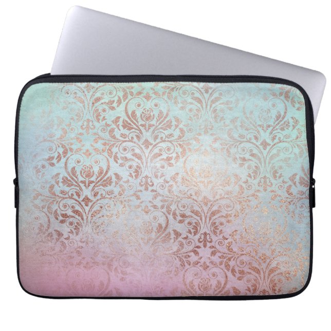 Elegant modern chick roos gold damask waterverf laptop sleeve (Voorkant)