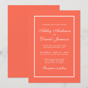 Elegant Modern Coral and White Wedding Invitation Kaart