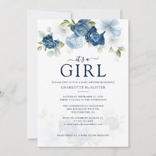 Elegant Modern Dusty Blue Floral Girl Baby shower Kaart